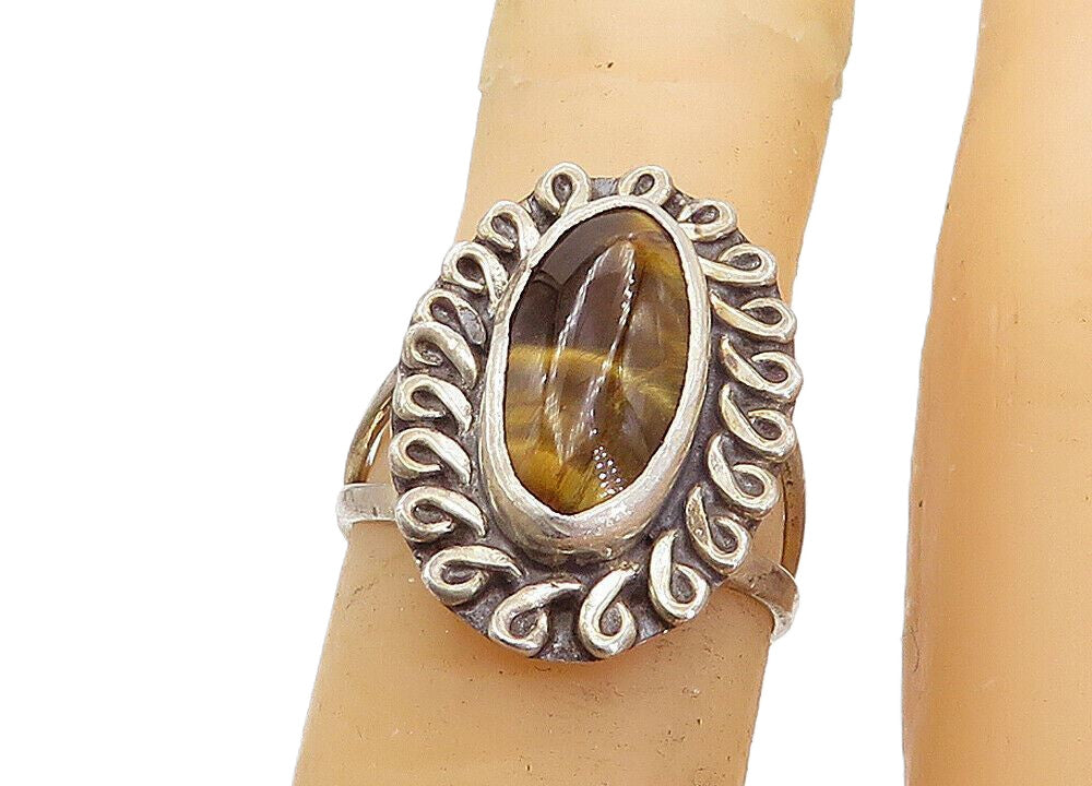 925 Silver Vintage Tiger's Eye Swirl Cocktail Ring Sz 5.5 RG5101