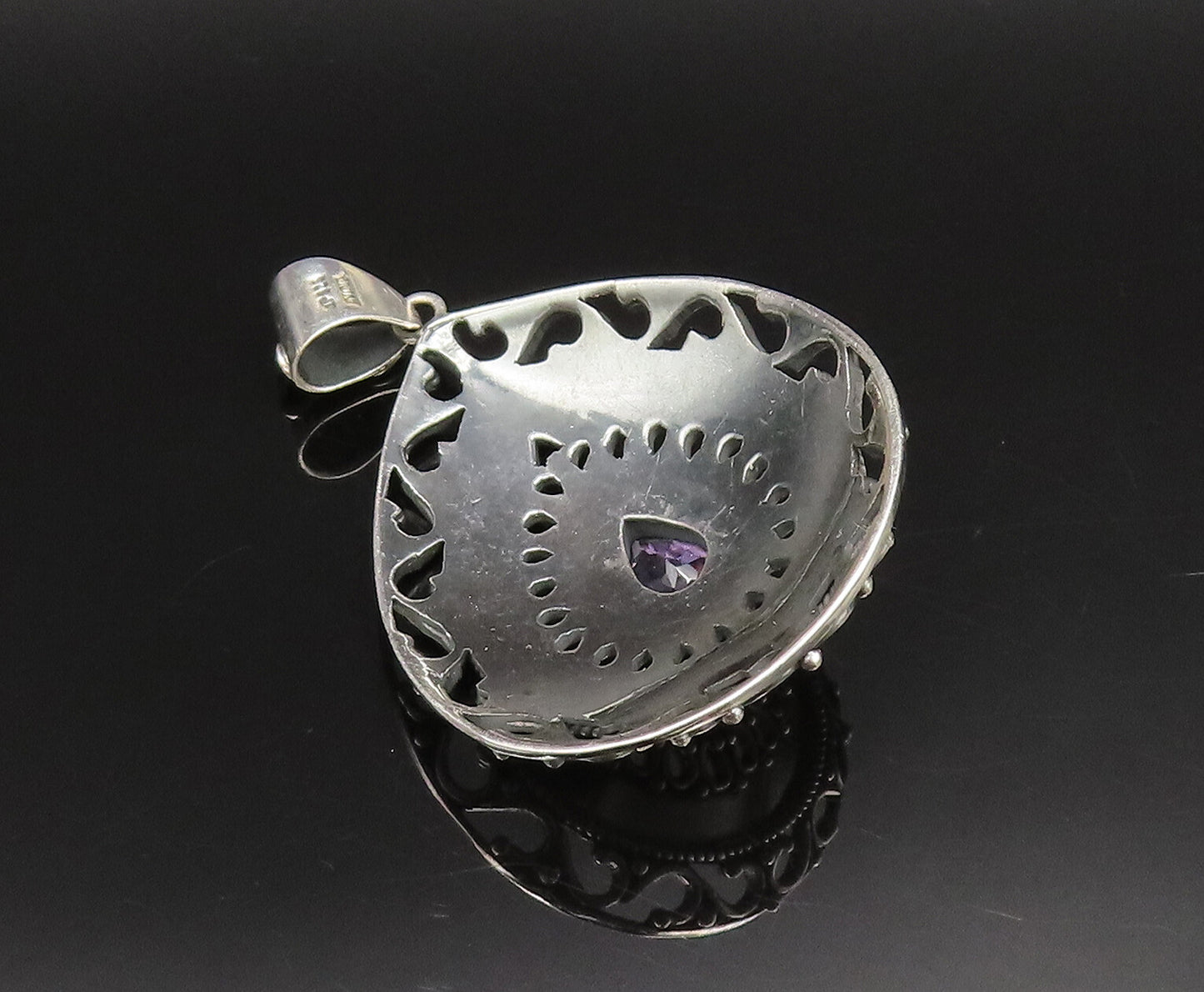 925 Sterling Silver  Vintage Openwork Pear Shaped Amethyst Pendant  PT21715