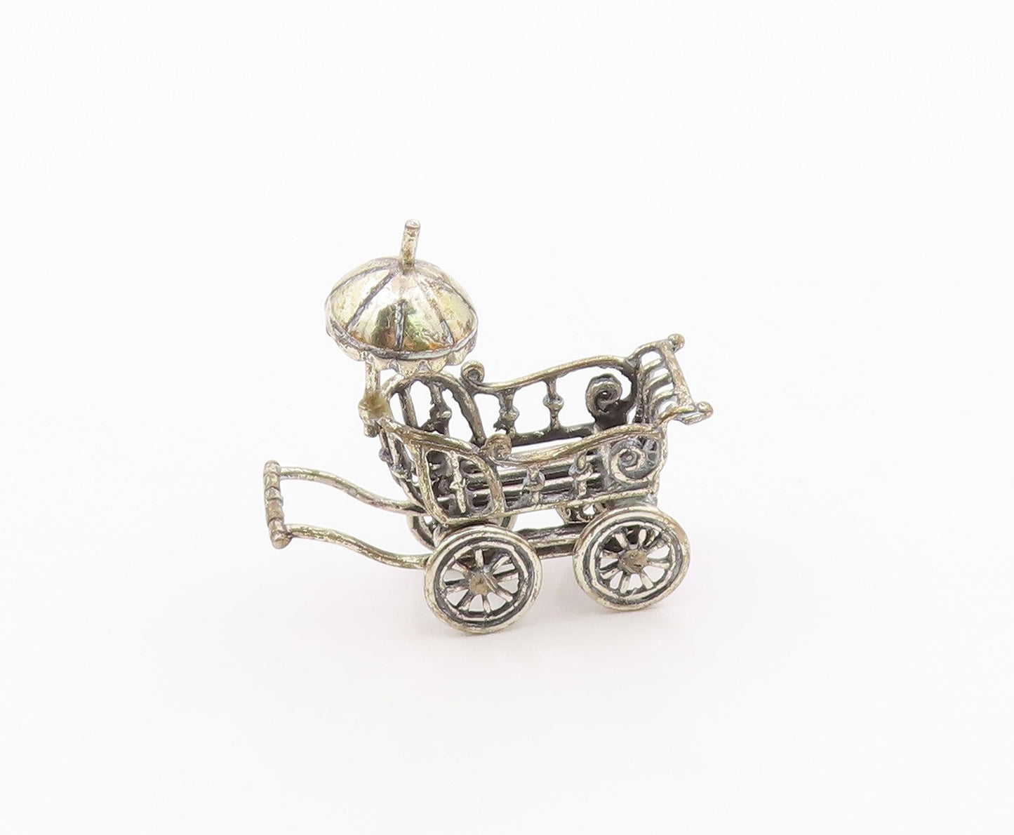 925 Sterling Silver  Vintage Shiny Old Fashioned Baby Carriage Trinket  TR1823