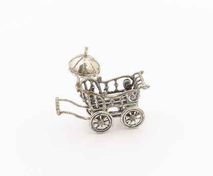 925 Sterling Silver  Vintage Shiny Old Fashioned Baby Carriage Trinket  TR1823