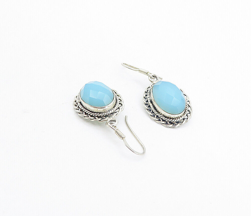 925 Sterling Silver - Vintage Faceted Chalcedony Twist Dangle Earrings - EG3612