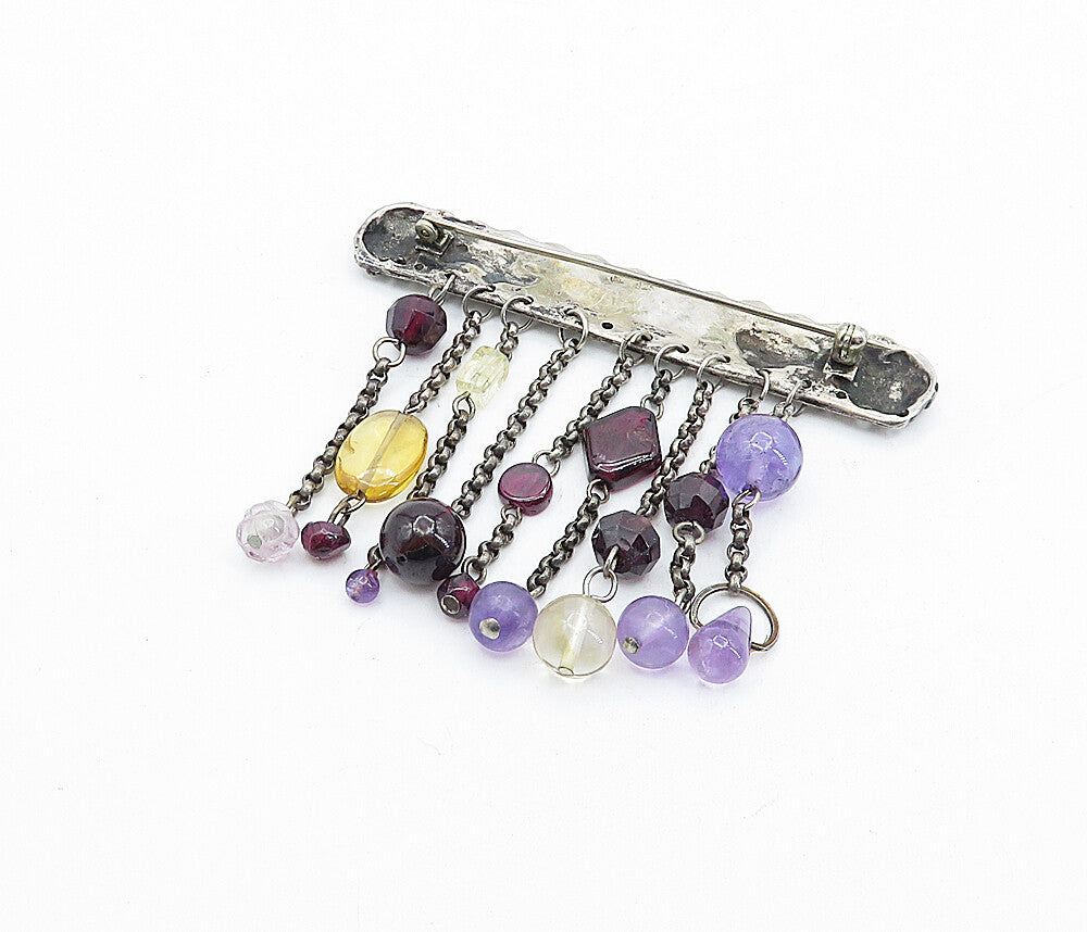925 Sterling Silver  Vintage Dangling Amethyst & Topaz  Brooch Pin  BP1767