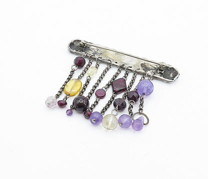 925 Sterling Silver  Vintage Dangling Amethyst & Topaz  Brooch Pin  BP1767