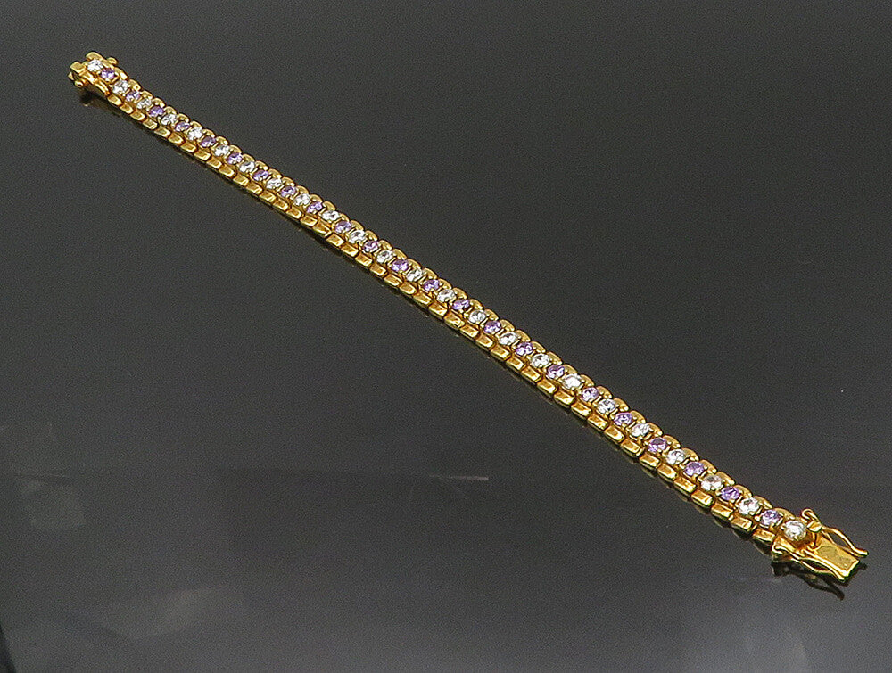 925 Sterling Silver Vintage Amethyst & Topaz Gold Plated Chain Bracelet BT9348