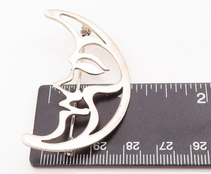 925 Sterling Silver Vintage Brooch Pin  Cutout Carved Half Moon Face  BP10987