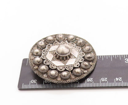 925 Sterling Silver Vintage Brooch Pin Dark Tone Domed Filigree Flower  BP11343