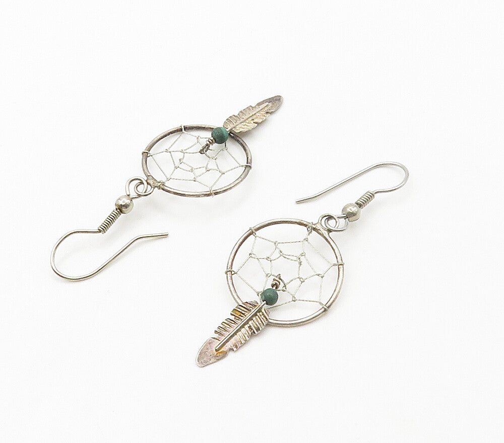 SOUTHWESTERN 925 Silver Vintage Turquoise Dream Catcher Drop Earrings EG7986