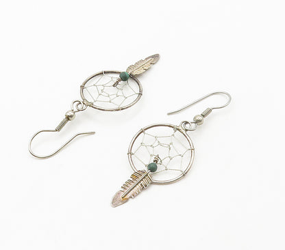 SOUTHWESTERN 925 Silver Vintage Turquoise Dream Catcher Drop Earrings EG7986