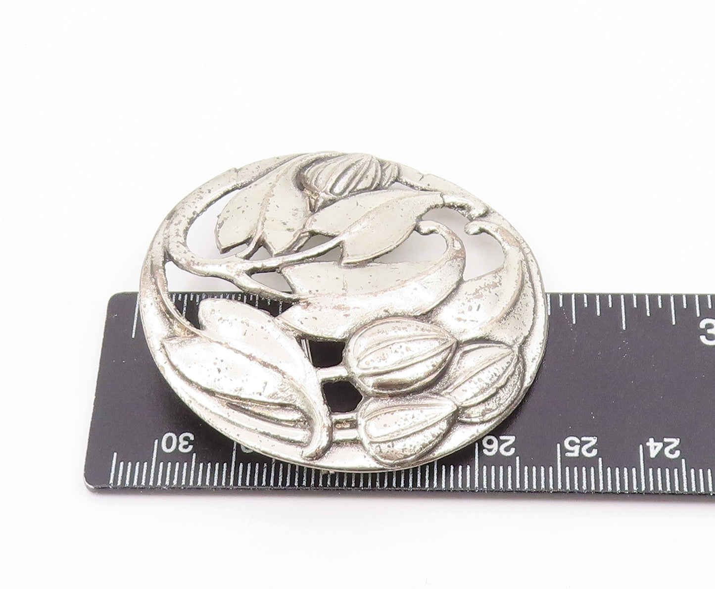 925 Sterling Silver Vintage Brooch Pin Antique Openwork Botanical Motif  BP12394