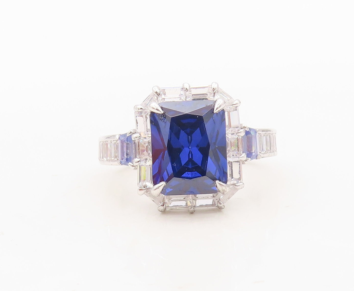 925 Sterling Silver Vintage Ring Rectangle Sapphire Halo CZ Frame  Sz 7  RG30347