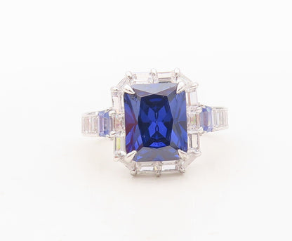 925 Sterling Silver Vintage Ring Rectangle Sapphire Halo CZ Frame  Sz 7  RG30347