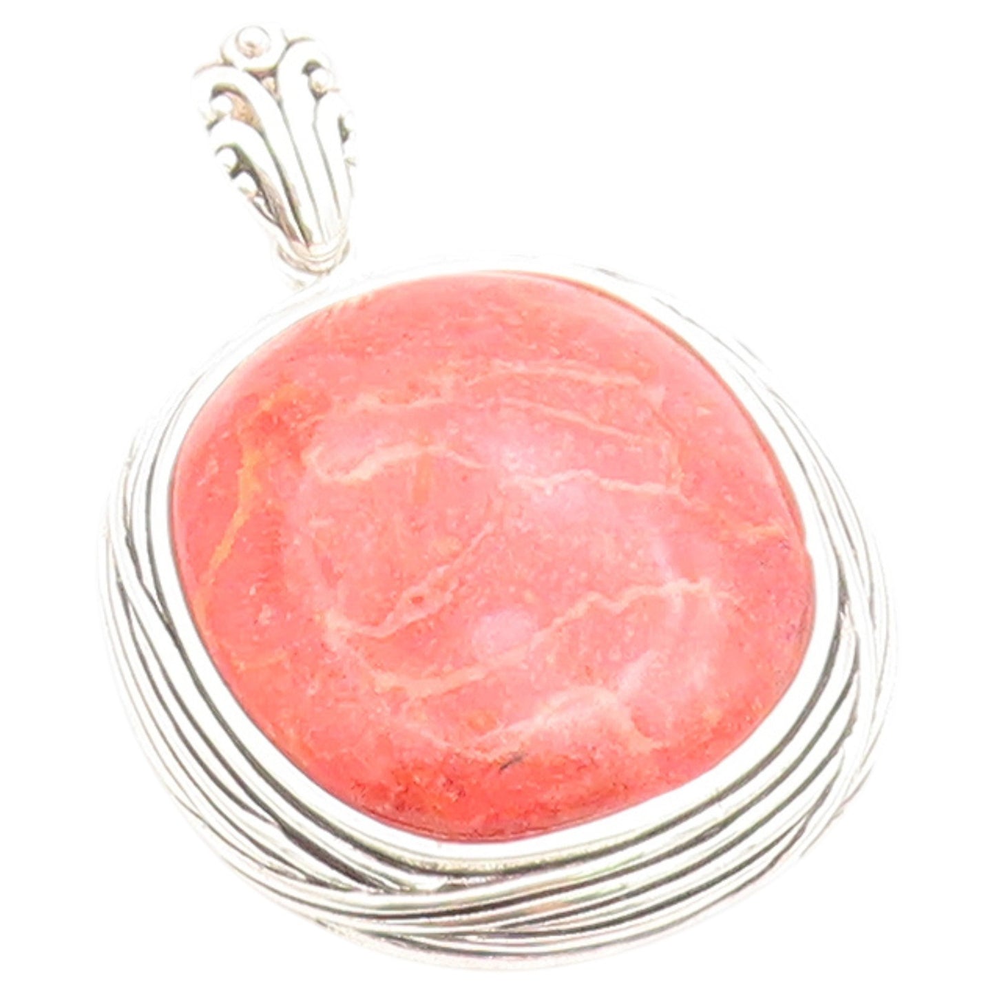 925 Sterling Silver Vintage Pendant Cabochon Pink Rhodochrosite Charm   PT26540