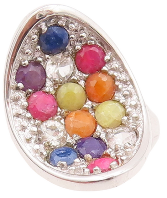 925 Sterling Silver Vintage Ring Bowl Shape Multi Color Gemstones  Sz 8 RG29715