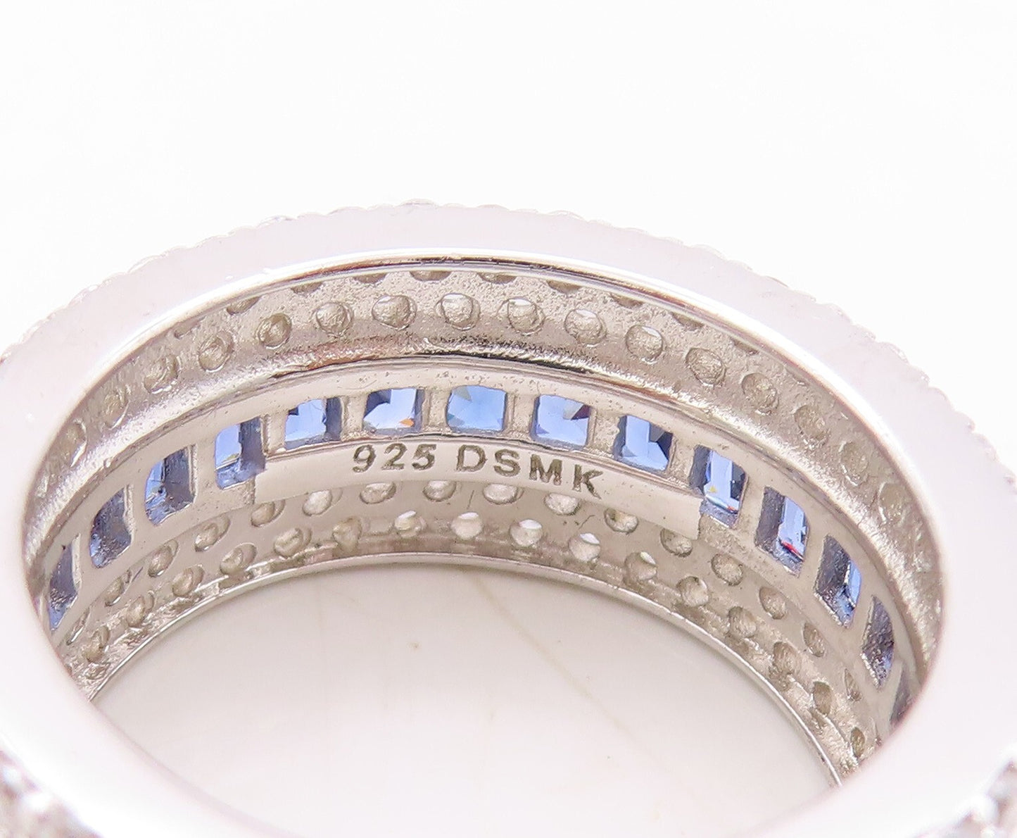 925 Sterling Silver Vintage Ring Rectangle Sapphire & CZ Bands  Sz 7.5  RG30913