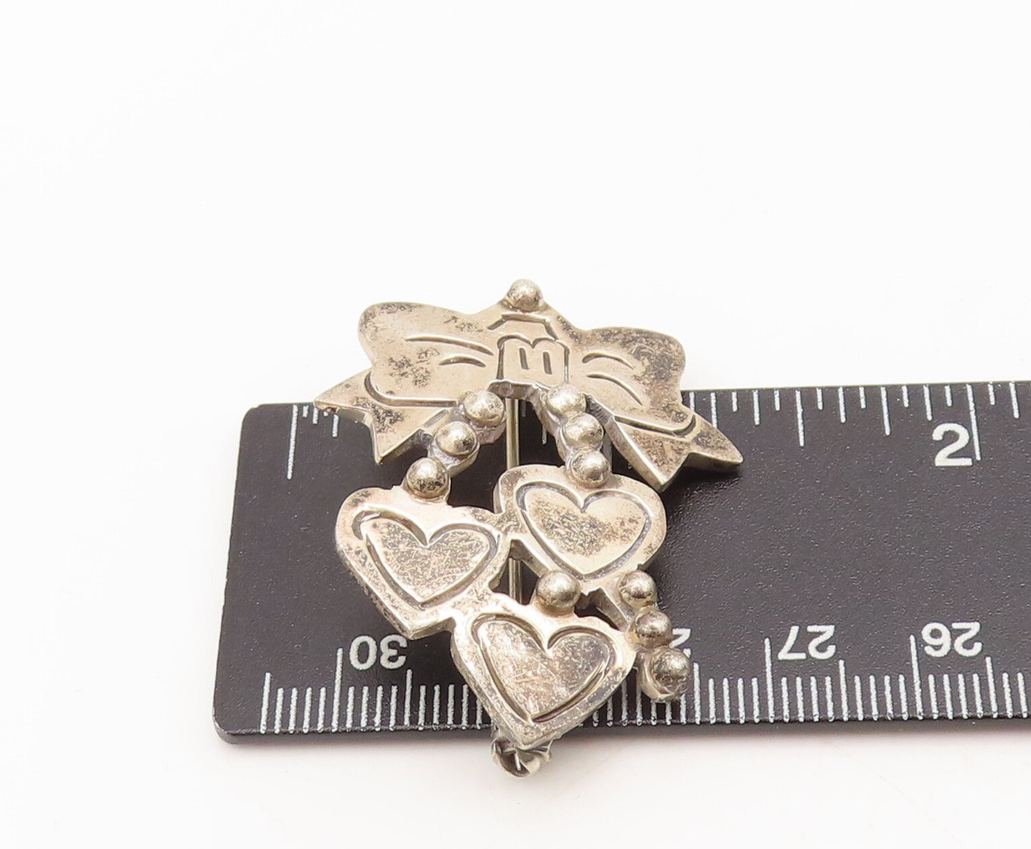 925 Sterling Silver Vintage Brooch Pin MEXICO Bow Dangling Beaded Hearts BP10533