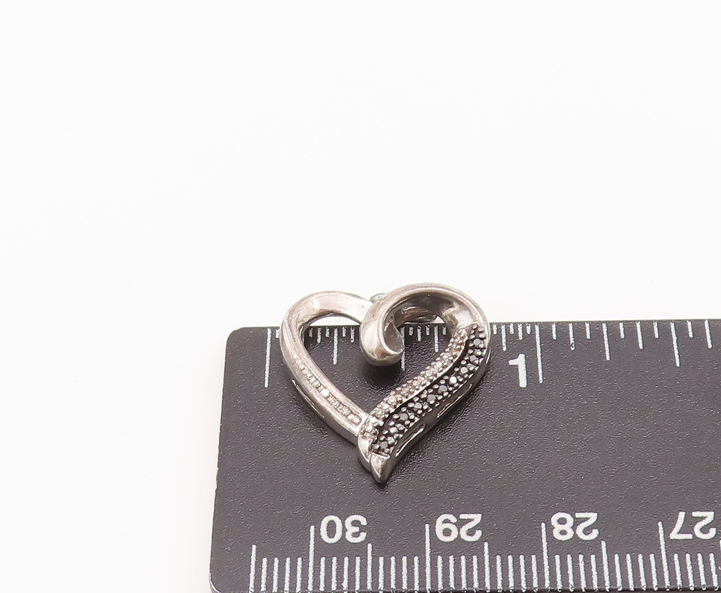 925 Sterling Silver Vintage Pendant Real Black & White Diamonds Heart  PT22634