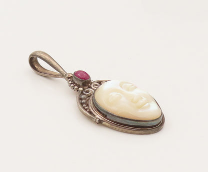 SAJEN 925 Silver  Vintage Garnet Crowned God Mother of Pearl Pendant PT22024