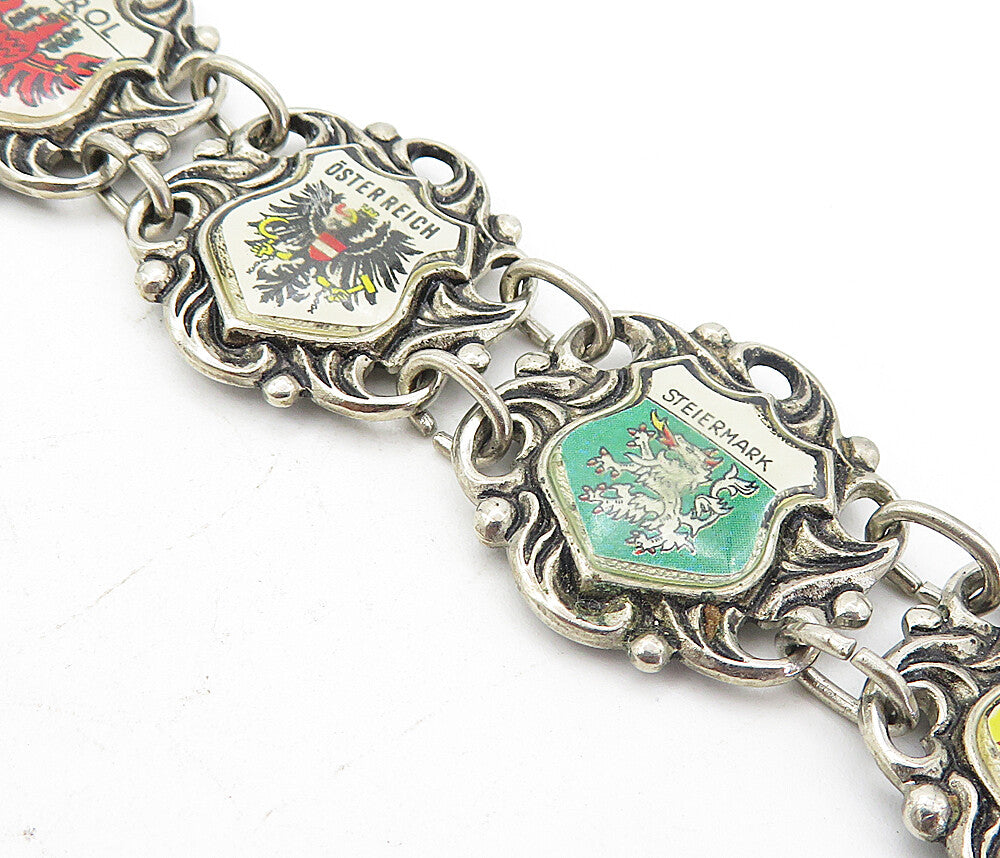 925 Sterling Silver  Vintage Antique Enamel Flag Shield Chain Bracelet  BT3524