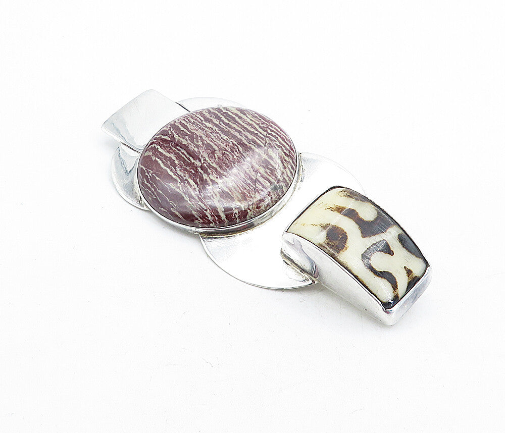 DESIGNER 925 Silver  Vintage Modernist Jasper Two Stone Brooch Pin  BP1972