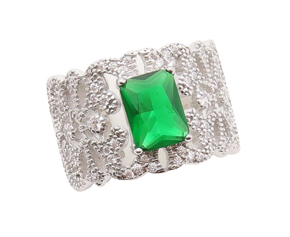 925 Sterling Silver Vintage Ring Designer Cutout White & Green CZ  Sz 7 RG30853