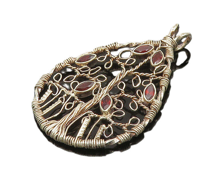 925 Sterling Silver  Vintage Garnet Tree Of Life Wire Twist Pendant  PT16607
