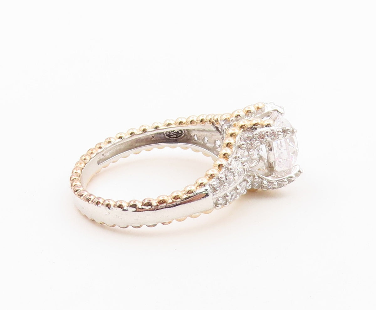 925 Sterling Silver Vintage Ring Two Tone CZ Statement Band  Sz 12  RG36621