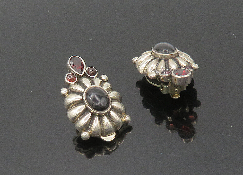 925 Sterling Silver  Vintage Black Onyx & Garnet Non Pierce Earrings  EG9798