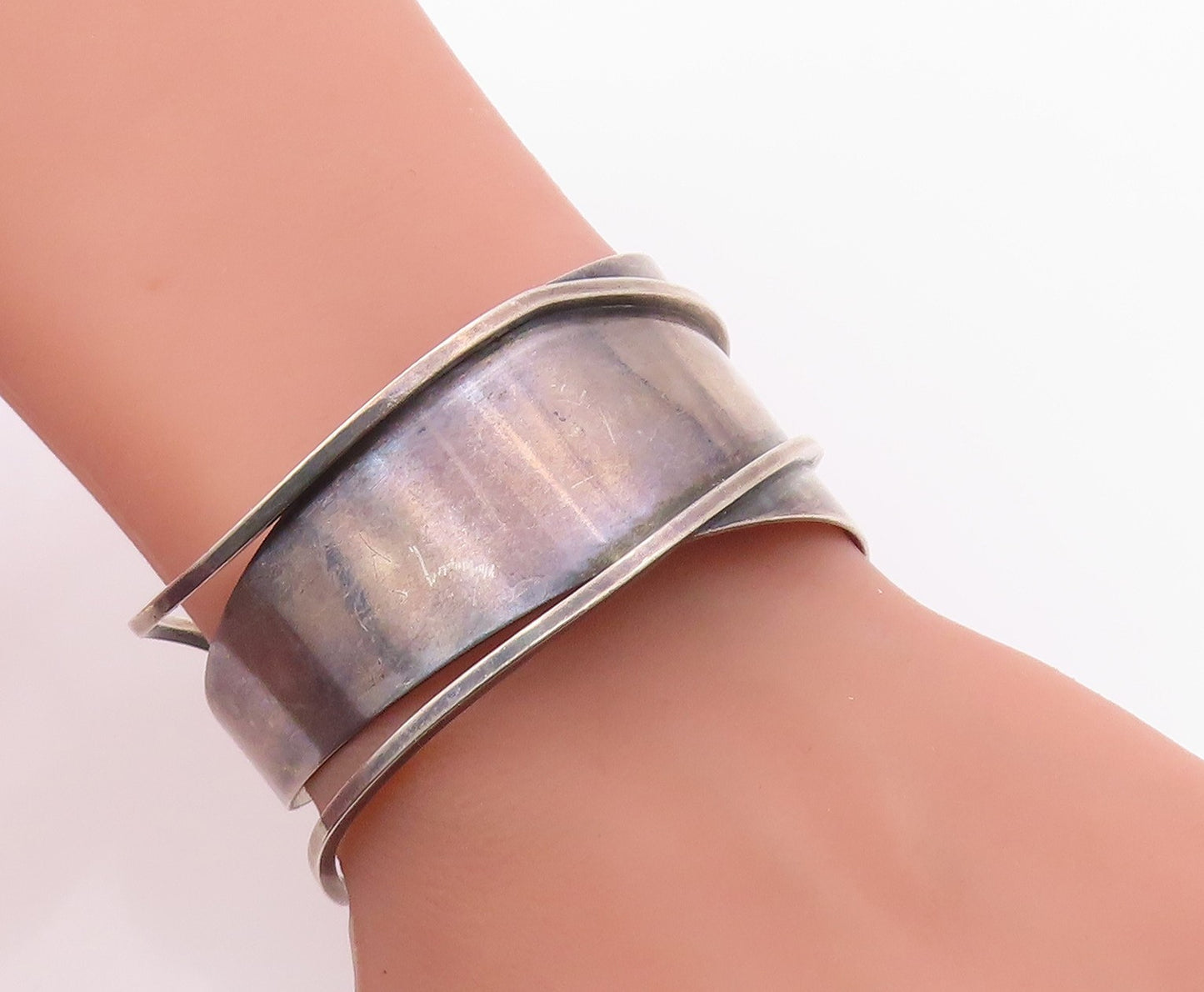 925 Sterling Silver Vintage Bracelet PAUL LOBEL Modernist Wavy Cuff  BT12127