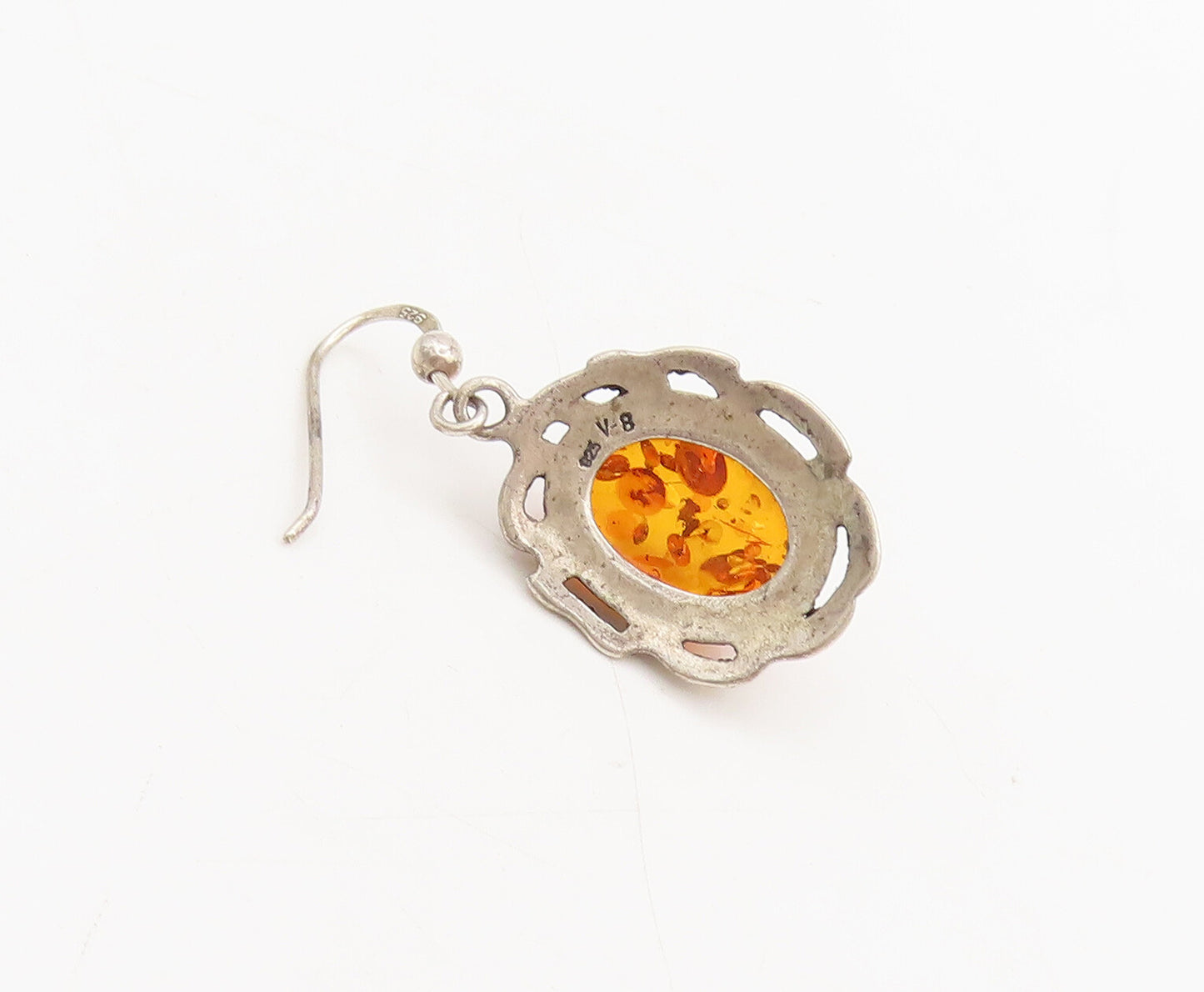 POLAND 925 Silver  Vintage Large Amber Halo Cutout Flower Earrings  EG12594