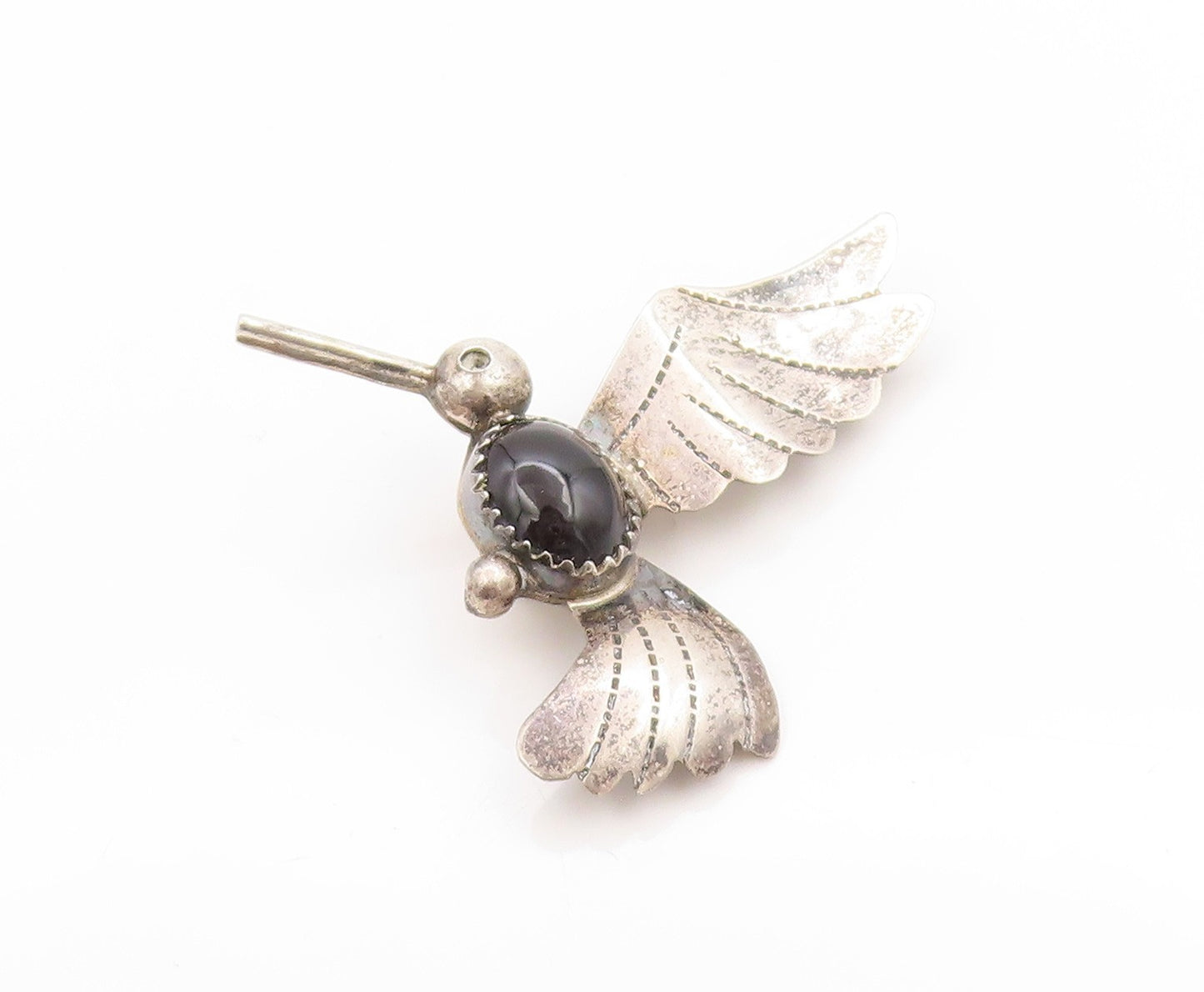 925 Sterling Silver Vintage Brooch NAVAJO Onyx Etched Humming Bird Pin   BP11870