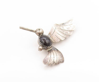 925 Sterling Silver Vintage Brooch NAVAJO Onyx Etched Humming Bird Pin   BP11870