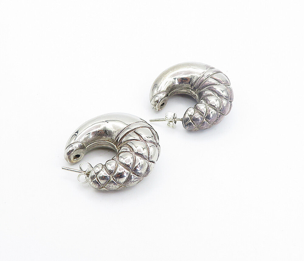 925 Sterling Silver  Vintage Dark Tone Hollow Etched JHoop Earrings  EG3260