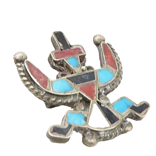 ZUNI 925 Silver Vintage Antique Turquoise Onyx & Coral Brooch Pin BP3344