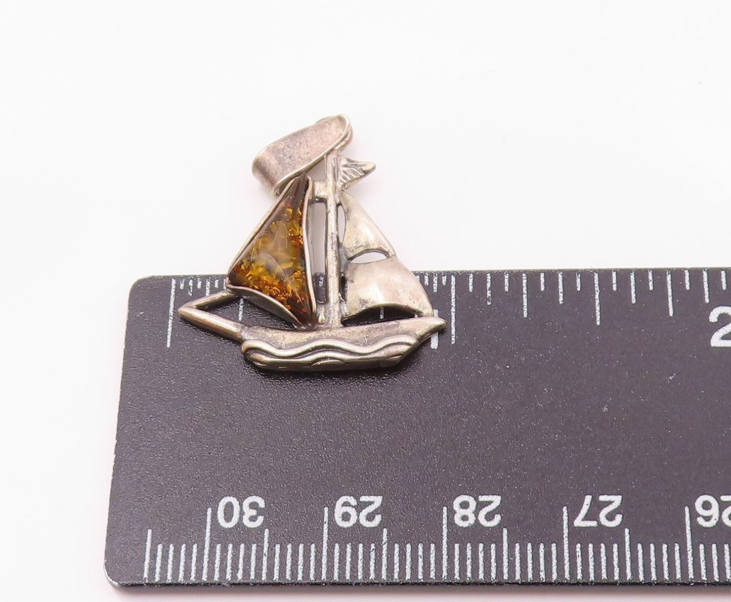 925 Sterling Silver  Vintage Baltic Amber Etched Sailboat Pendant  PT20174