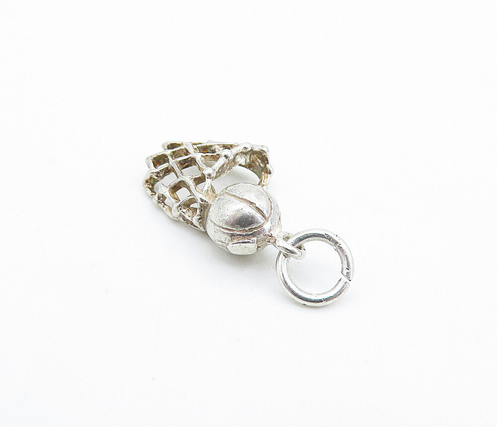 925 Sterling Silver  Vintage Petite Basketball & Hoop Sports Pendant  PT4059
