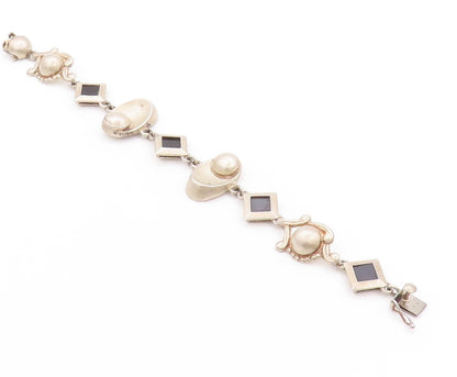 925 Sterling Silver Vintage Bracelet Square Onyx & Designer Sphere Links BT11253