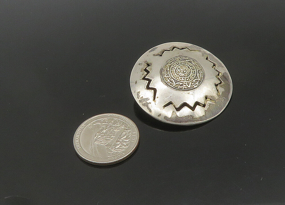MEXICO 925 Silver  Vintage Mayan Aztec Sun Calendar Cutout Brooch Pin  BP8339