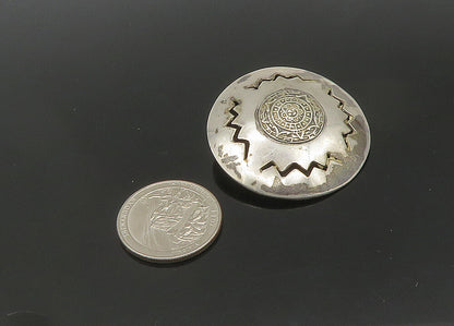 MEXICO 925 Silver  Vintage Mayan Aztec Sun Calendar Cutout Brooch Pin  BP8339