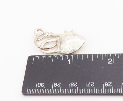 925 Sterling Silver Vintage Pendant Etched Heart Shaped Padlock & Key  PT25764
