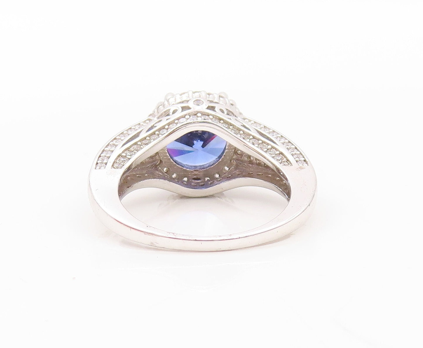 925 Sterling Silver Vintage Ring Designer Sapphire & CZ Inlay  Sz 7.5  RG30216
