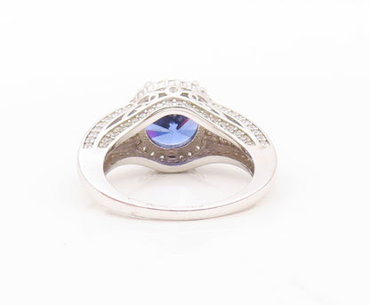 925 Sterling Silver Vintage Ring Designer Sapphire & CZ Inlay  Sz 7.5  RG30216