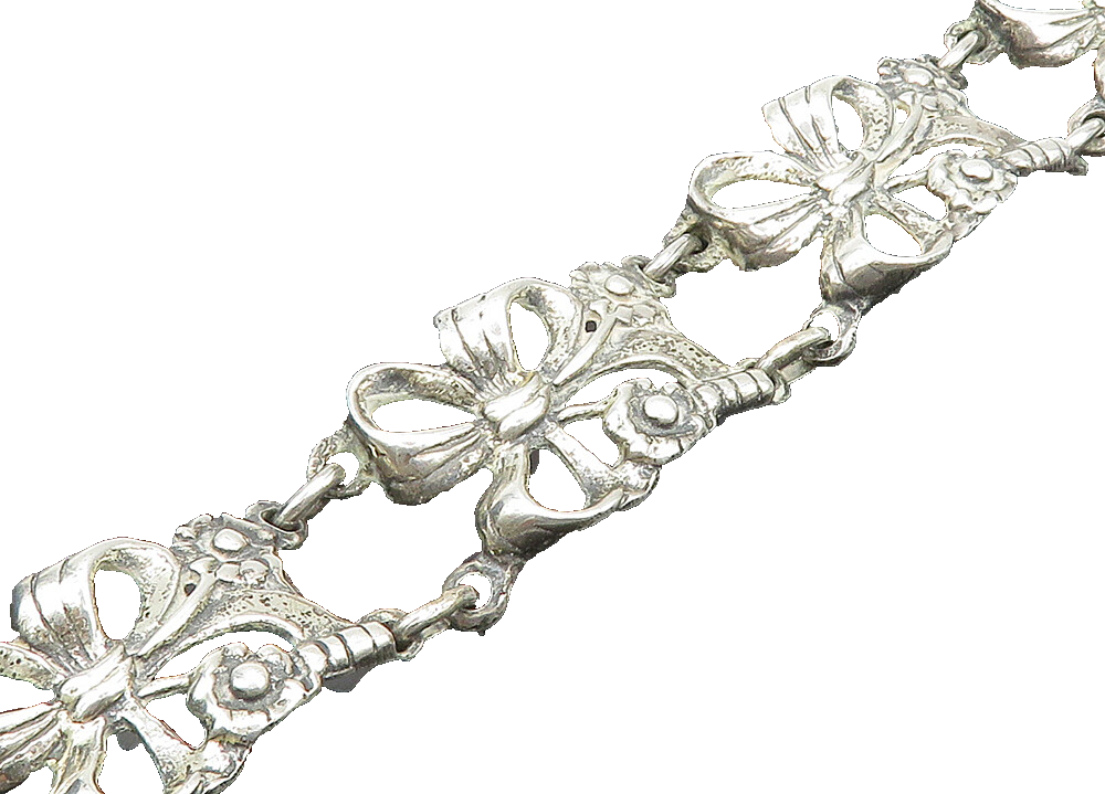 925 Sterling Silver  Vintage Floral Bow Tied Ribbon Chain Bracelet  BT8333