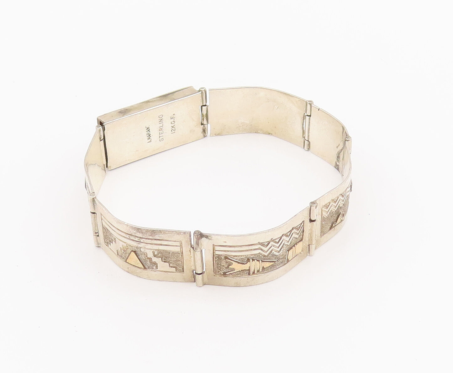 12k Gold 925 Sterling Silver Vintage Bracelet MARIANO NAVAJO Carved  BT10166