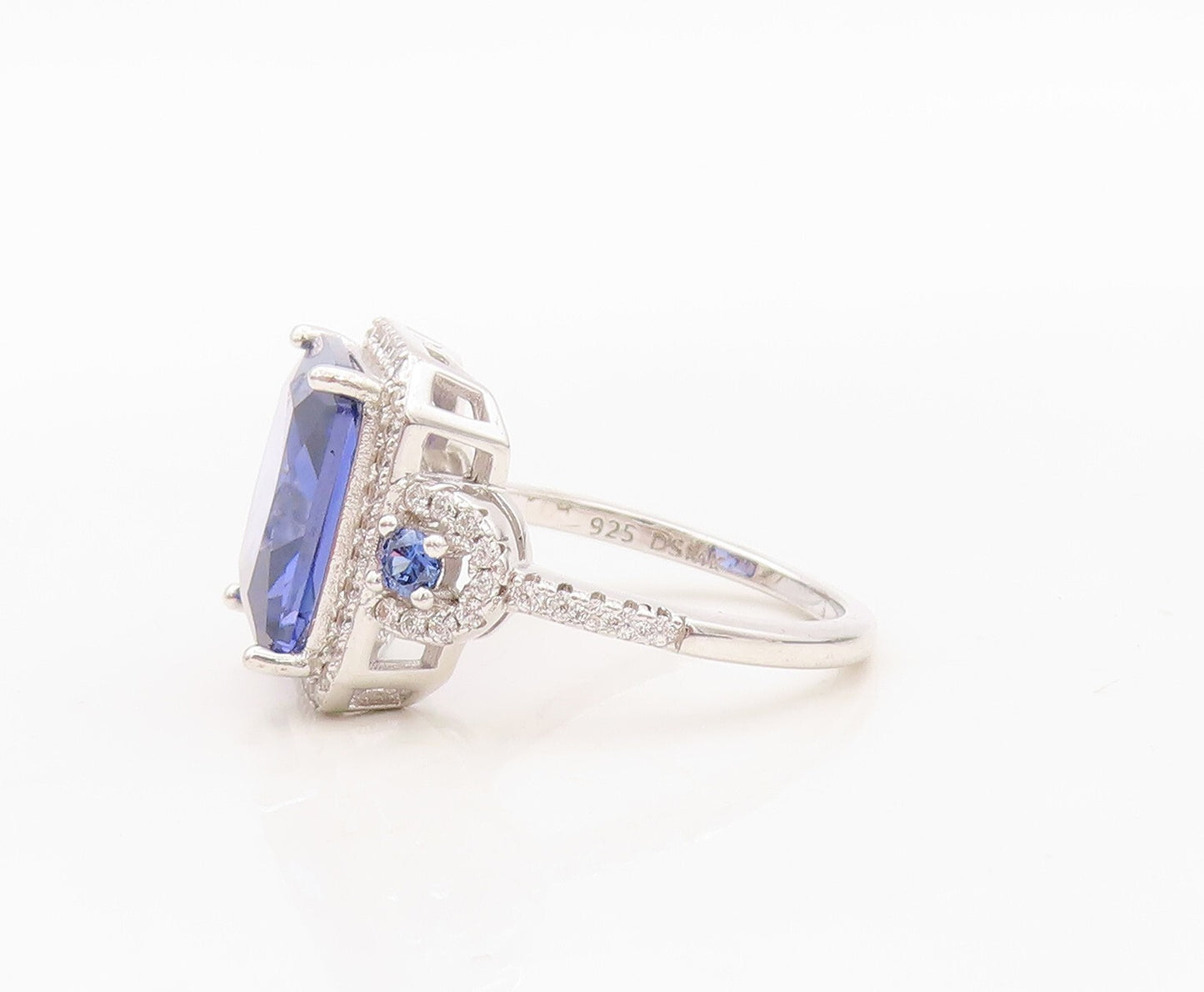 925 Sterling Silver Vintage Ring Square Cut Sapphire Halo CZ  Sz 7  RG30418