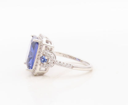 925 Sterling Silver Vintage Ring Square Cut Sapphire Halo CZ  Sz 7  RG30418