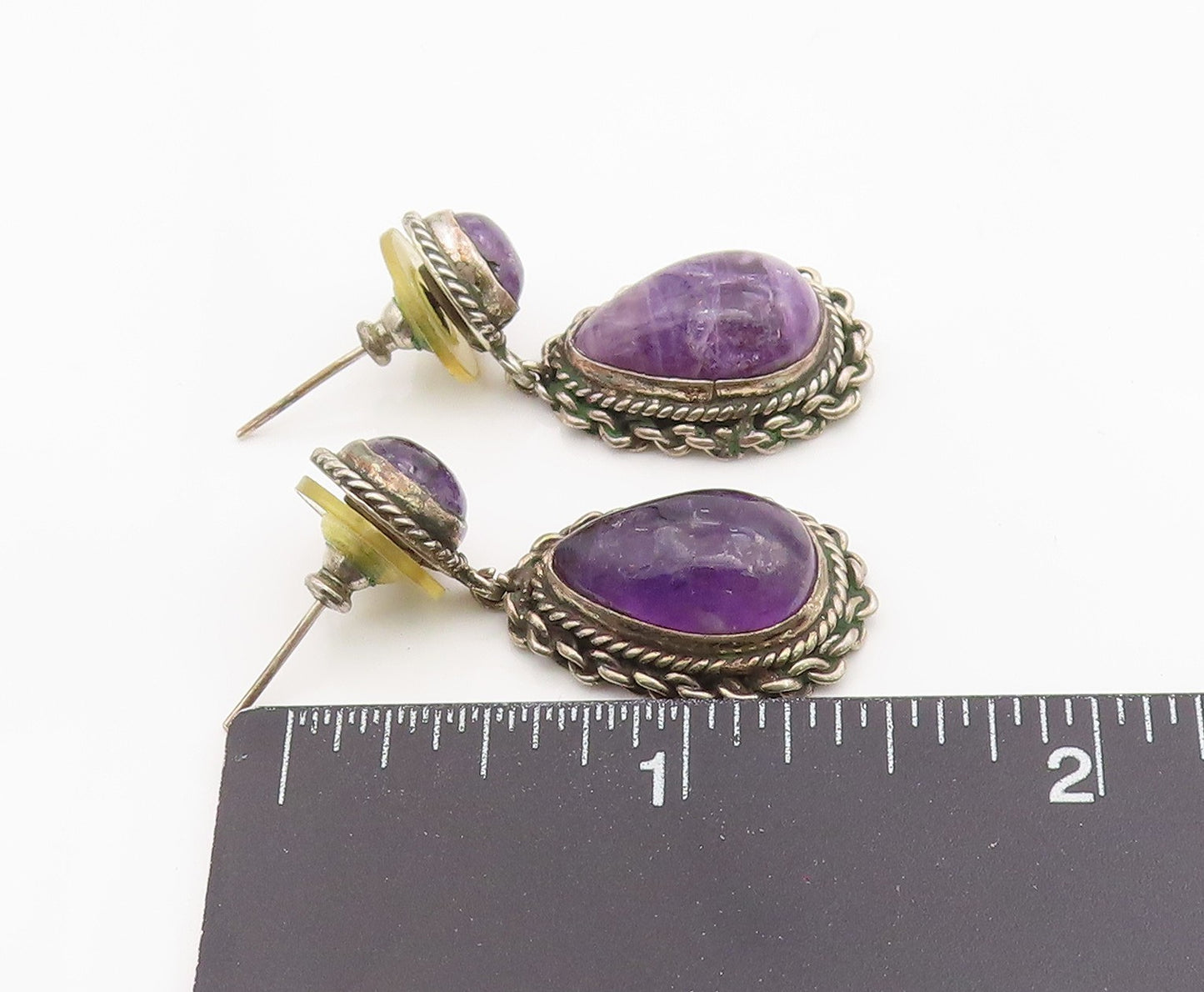 925 Sterling Silver Vintage Earrings Real Cabochon Amethyst Teardrop  EG13839