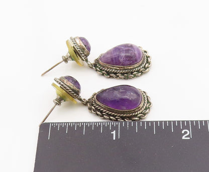 925 Sterling Silver Vintage Earrings Real Cabochon Amethyst Teardrop  EG13839
