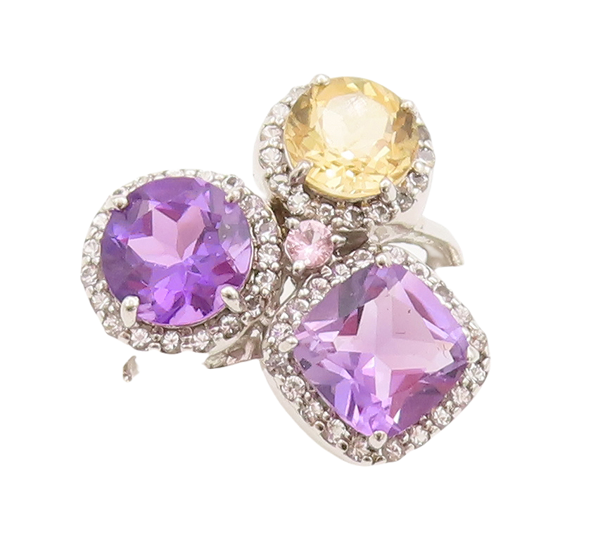 925 Sterling Silver Vintage Ring Round & Square Amethyst Citrine Sz 7.5  RG29867