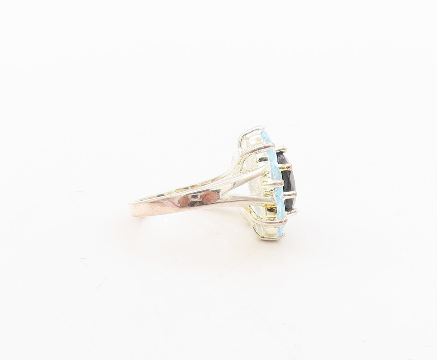 925 Sterling Silver Vintage Ring Oval Onyx Halo Blue Topaz Flower  Sz 7 RG31122