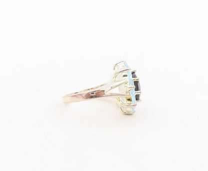 925 Sterling Silver Vintage Ring Oval Onyx Halo Blue Topaz Flower  Sz 7 RG31122